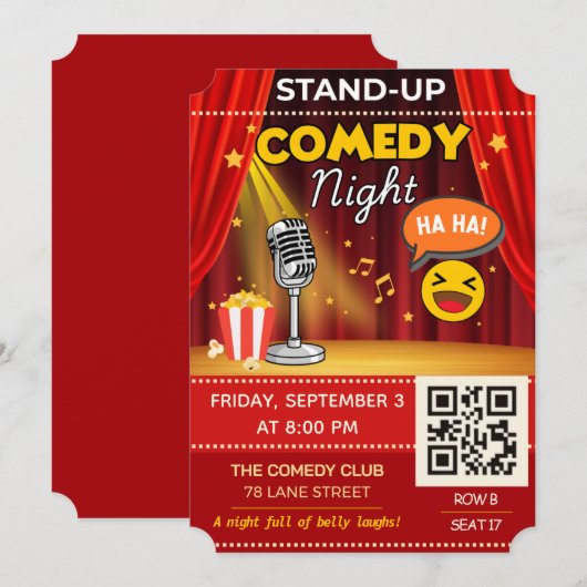 Stand-Up Comedy Night Ticket | QR Code Invite Einladung (Vorne/Hinten)