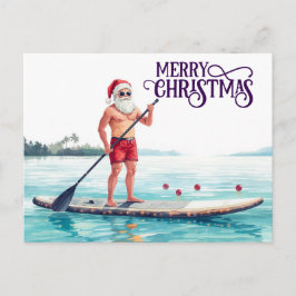 Stand-Up Paddle Santa — Coastal Christmas Holiday Postkarte