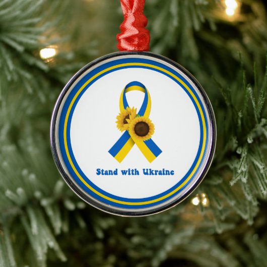 Stand With Ukraine Support Ribbon Ornament Aus Metall (Baum)