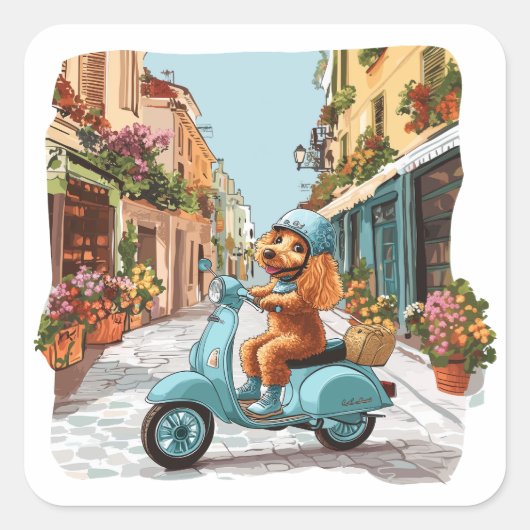 Standard Pudel fährt auf Scooter Quadratischer Aufkleber (Vorderseite)