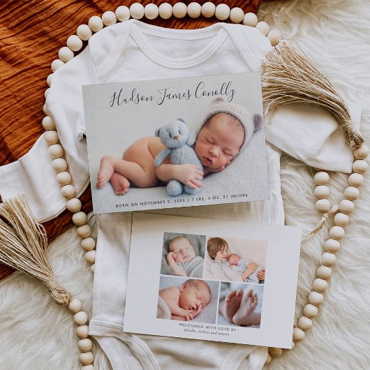 Standout Name Modern Script Baby Boy Foto Birth Ankündigung
