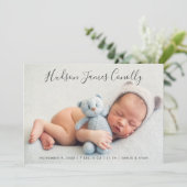Standout Name Modern Script Baby Boy Foto Birth Ankündigung (Stehend Vorderseite)
