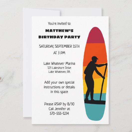 Standup Paddelbrett SUP Custom Party Einladung (Vorderseite)