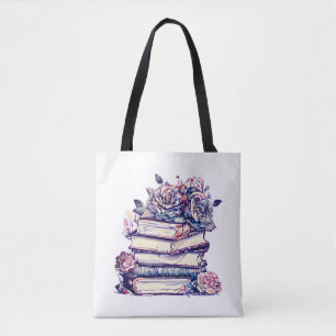 Stapel alter Antiquariatsbücher mit Vintage-Rosen Tasche