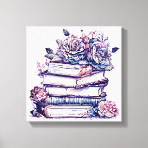Stapel alter Vintage-Bücher mit Rosen oben drauf Leinwanddruck