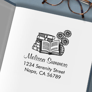 Stapel Bücher, offenes Buch, Blumen - Adresse Permastempel
