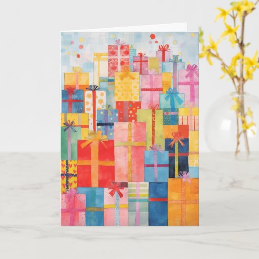 Stapel verpackter Geschenke Weihnachtskarte Karte (Gelbe Blume)