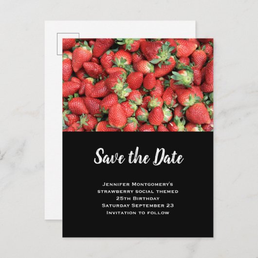 Stapel von Red Juicy Strawberries Save the Date Einladungspostkarte (Vorne/Hinten)