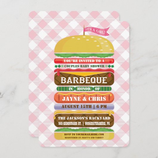 Staplungshamburger-Mädchen-Babyparty-Grill Einladung (Vorne/Hinten)