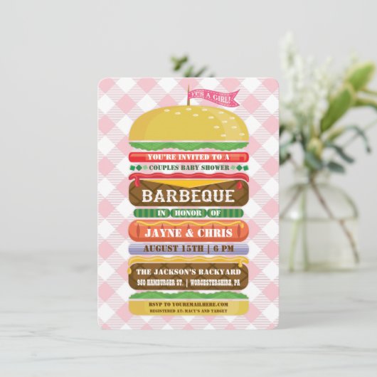 Staplungshamburger-Mädchen-Babyparty-Grill Einladung (Stehend Vorderseite)