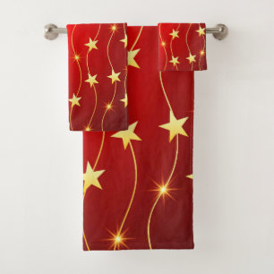 Star Adorned Ruby Red Pattern Badhandtuch Set