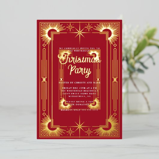 Star Art Deco Weihnachtsfeiertag Folieneinladung (Stehend vorne)