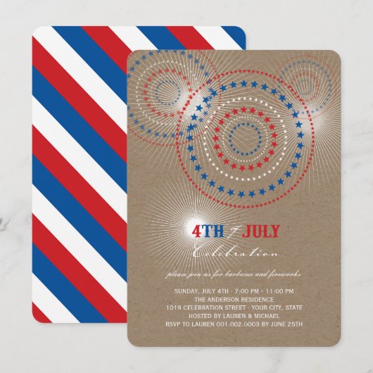 Star Bursts Fireworks Amerikanische Unabhängigkeit Einladung (Vorne/Hinten)