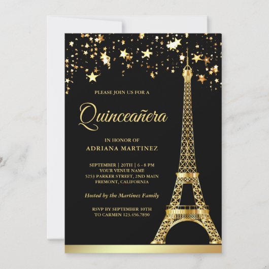 Star Confetti Gold Eiffel Tower Black Quinceanera Einladung (Vorderseite)