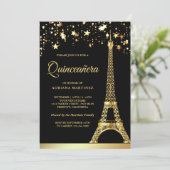 Star Confetti Gold Eiffel Tower Black Quinceanera Einladung (Stehend Vorderseite)
