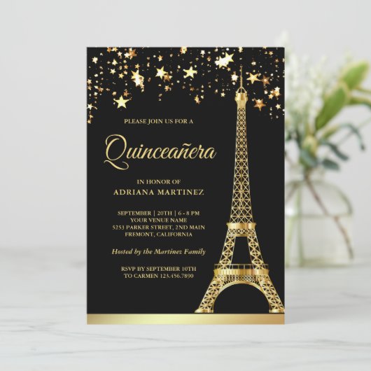 Star Confetti Gold Eiffel Tower Black Quinceanera Einladung (Stehend Vorderseite)