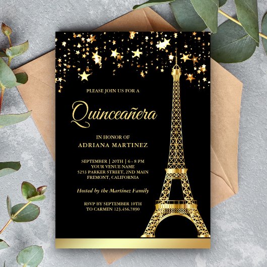 Star Confetti Gold Eiffel Tower Black Quinceanera Einladung