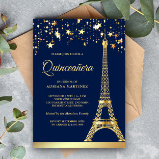Star Confetti Gold Eiffel Tower Navy Quinceanera Einladung