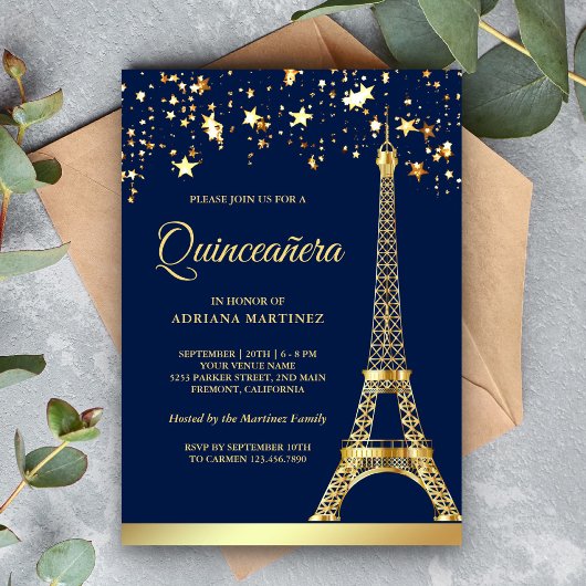 Star Confetti Gold Eiffel Tower Navy Quinceanera Einladung