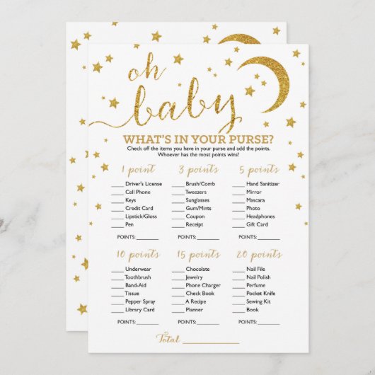 Star Gold Glitzer Was ist in Ihrer Tasche? Einladung (Vorne/Hinten)