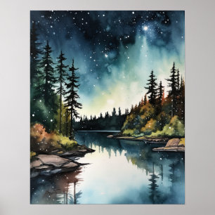 Star Lake Watercolor Landschaft Kunst, Dichtung un Poster