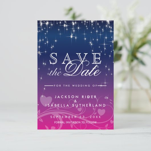 Star Lights in Dark Blue und Pink - Save the Date (Stehend Vorderseite)