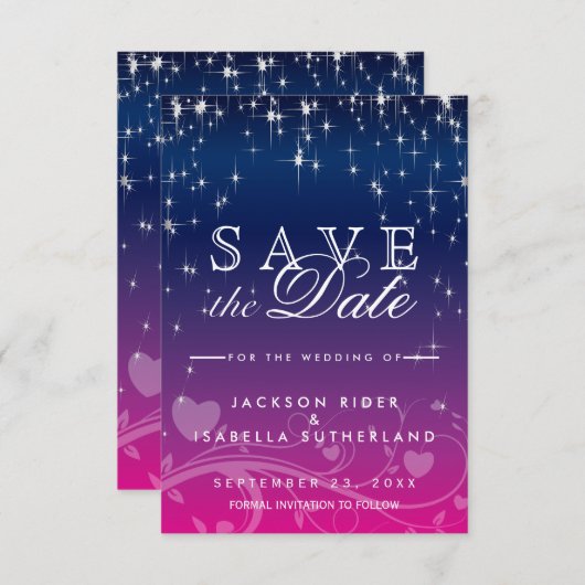 Star Lights in Dark Blue und Pink - Save the Date (Vorne/Hinten)