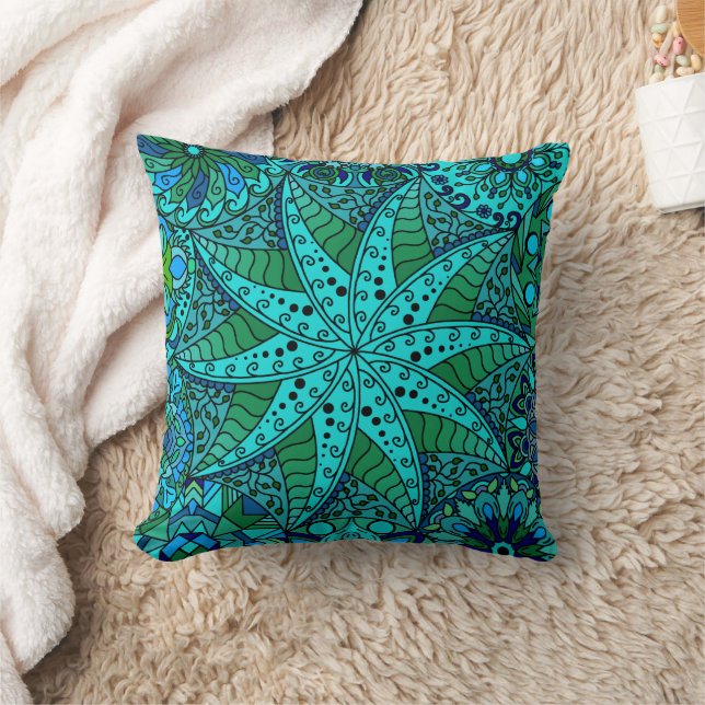 Star Mandala Aqua Sea Green Blue Kissen (Decke)