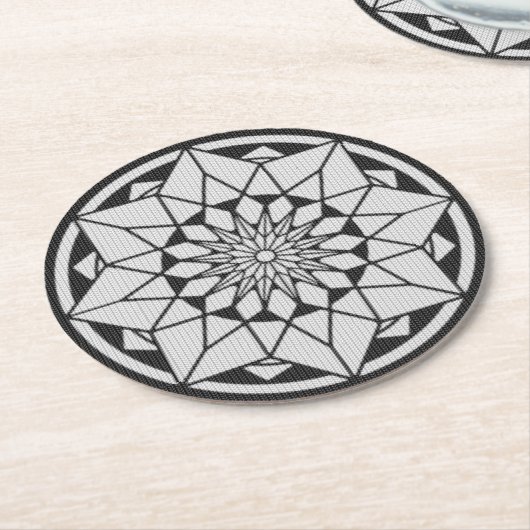 Star Mandala strickt schwarz & weiß Runder Pappuntersetzer (Angewinkelt)