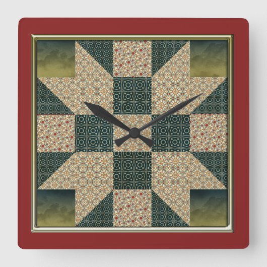 Star Patch Quilt Gold & Green keine Zahlen Quadratische Wanduhr (Vorderseite)