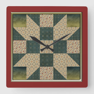 Star Patch Quilt Gold & Green keine Zahlen Quadratische Wanduhr