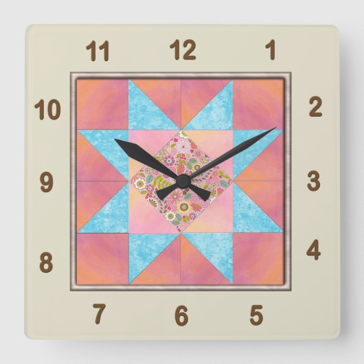 Star Patch Sunset & Water Quilt Block Quadratische Wanduhr (Vorderseite)