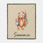 Star pattern christmas bear green beige name fleecedecke (Vorderseite)