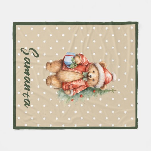 Star pattern christmas bear green beige name fleecedecke (Vorderseite (Horizontal))