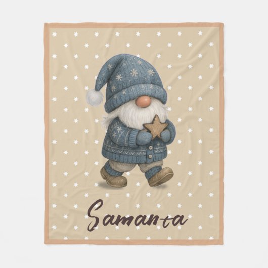 Star pattern gnome blue beige name fleecedecke (Vorderseite)