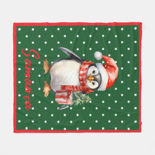 Star pattern penguin green red name fleecedecke (Vorderseite (Horizontal))