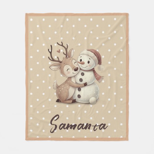 Star pattern reindeer snowman blue beige name fleecedecke (Vorderseite)