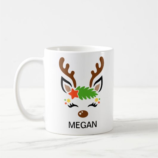 Star Reindeer Face Custom Name Holiday Kaffeetasse (Links)