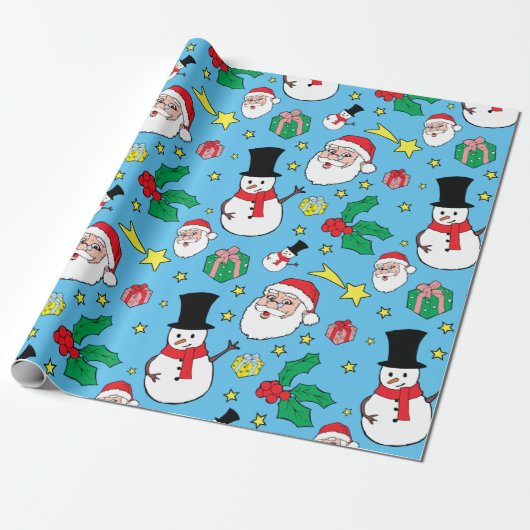 Star Santa Claus Schneemann Weihnachtsmuster Blau Geschenkpapier (Ungerollt)