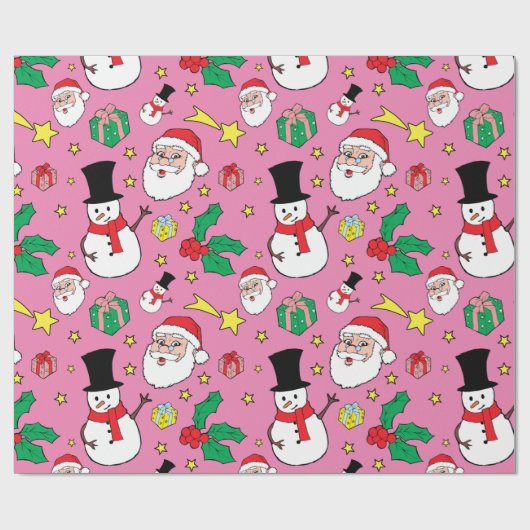 Star Santa Claus Schneemann Weihnachtsmuster Rosa Geschenkpapier (Flach)