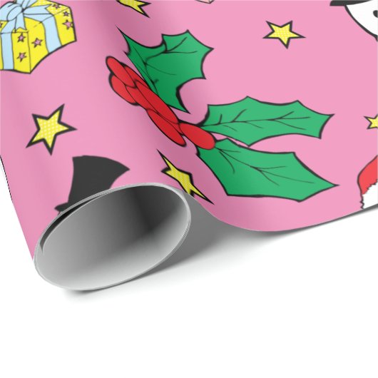 Star Santa Claus Schneemann Weihnachtsmuster Rosa Geschenkpapier (Rolleneckpunkt)