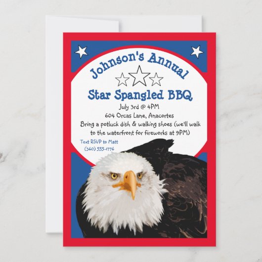 Star Spangled 4. Juli GRILLEN Party Bald Eagle Red Einladung (Vorderseite)
