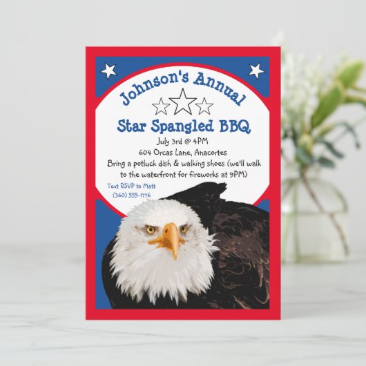 Star Spangled 4. Juli GRILLEN Party Bald Eagle Red Einladung (Stehend Vorderseite)