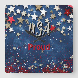 Star Spangled USA Proud Quadratische Wanduhr