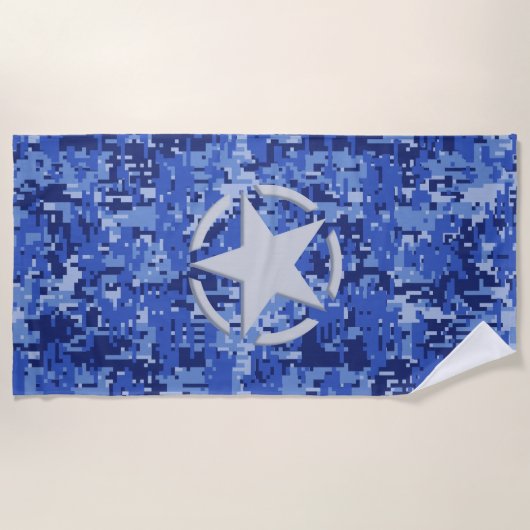 Star Stencil Retro Navy Blue Camouflage auf Strandtuch (Vorderseite)
