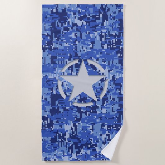 Star Stencil Retro Navy Blue Camouflage auf Strandtuch (Vorderseite)