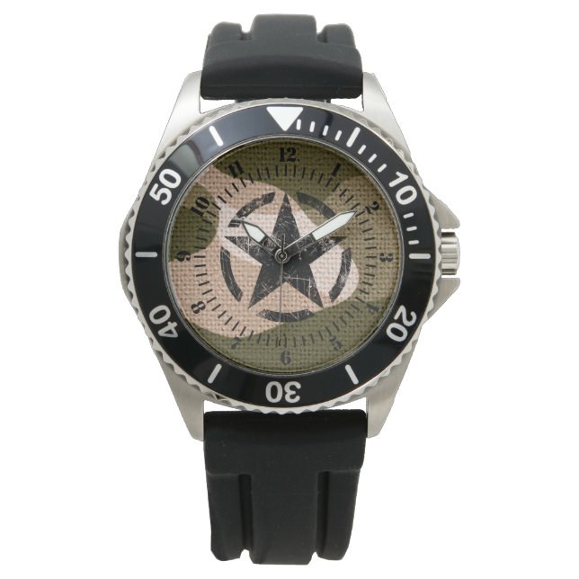 Star Stencil Vintag Decal Dial auf Camouflage Armbanduhr (Vorderseite)