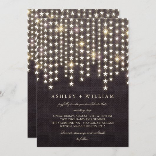 Star String Lights Dark Burlap Abend Hochzeit Einladung (Vorne/Hinten)