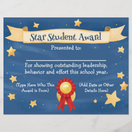 Star Student Award Certificate School Kinder 8.5x1