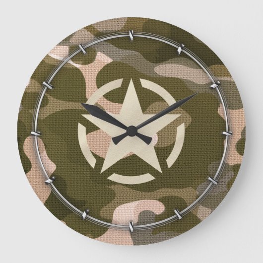 Star-Tag im Burlap-Camouflage-Stil Große Wanduhr (Vorderseite)